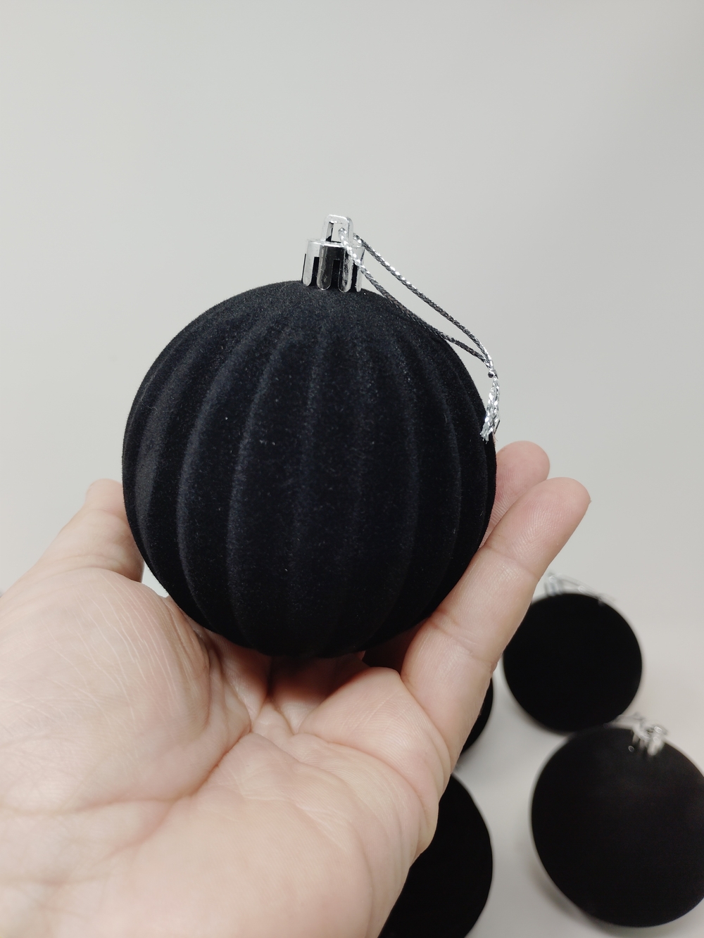 12pc Black Velvet Christmas Ornaments Set, Flocked Baubles, Gothic Holiday Decor